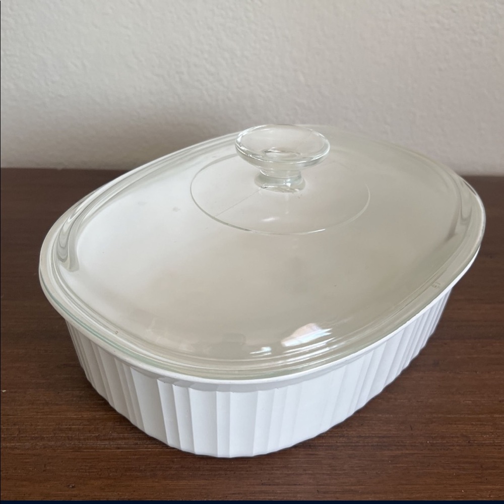 White Corningware casserole dish
